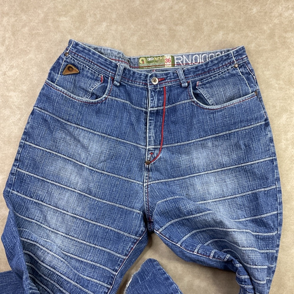 Vintage Y2K Akademiks Jeans 36x29 Embroidered Striped Punk Grunge Denim Pant - Picture 9 of 12